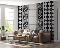 Vintage Black and White Floral Checkerboard Wall Mural