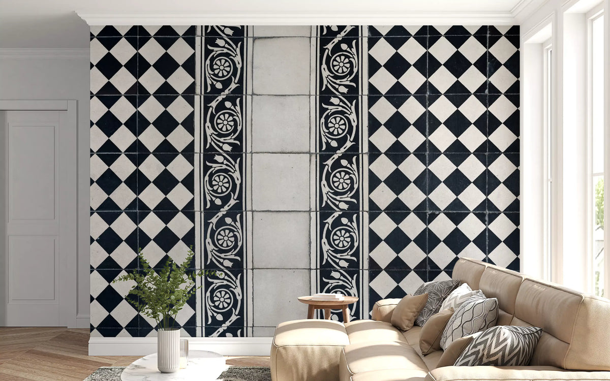 Vintage Black and White Floral Checkerboard Wall Mural