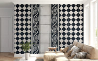 Vintage Black and White Floral Checkerboard Wall Mural