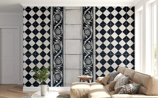 Vintage Black and White Floral Checkerboard Wall Mural