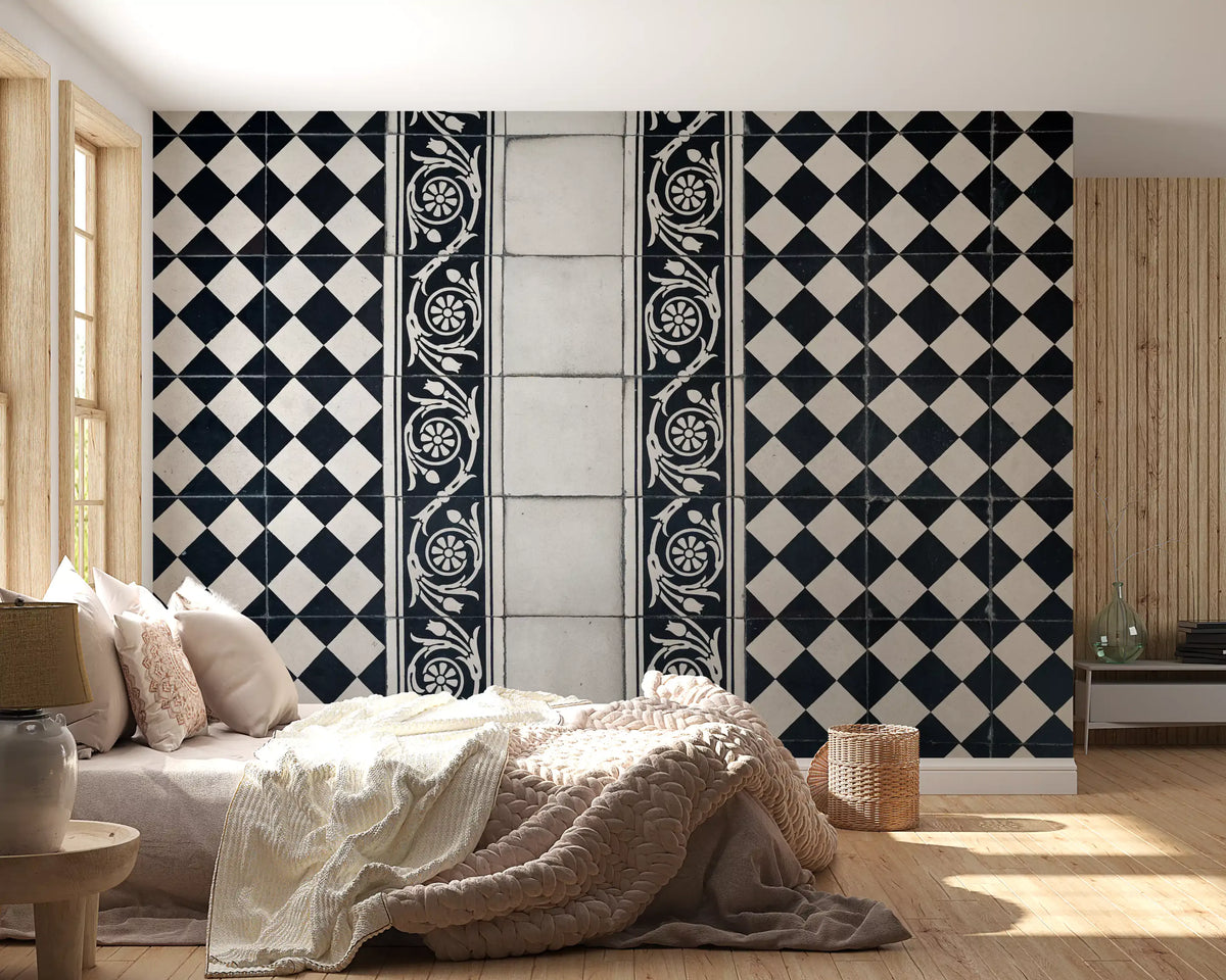 Vintage Black and White Floral Checkerboard Wall Mural