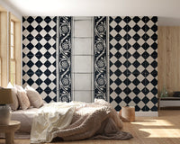 Vintage Black and White Floral Checkerboard Wall Mural