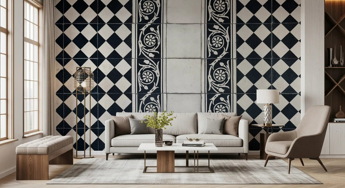 Vintage Black and White Floral Checkerboard Wall Mural