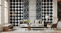 Vintage Black and White Floral Checkerboard Wall Mural