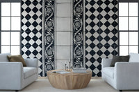 Vintage Black and White Floral Checkerboard Wall Mural