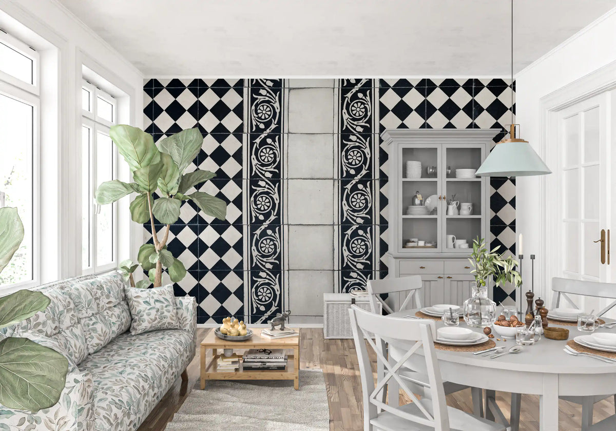Vintage Black and White Floral Checkerboard Wall Mural