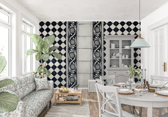 Vintage Black and White Floral Checkerboard Wall Mural