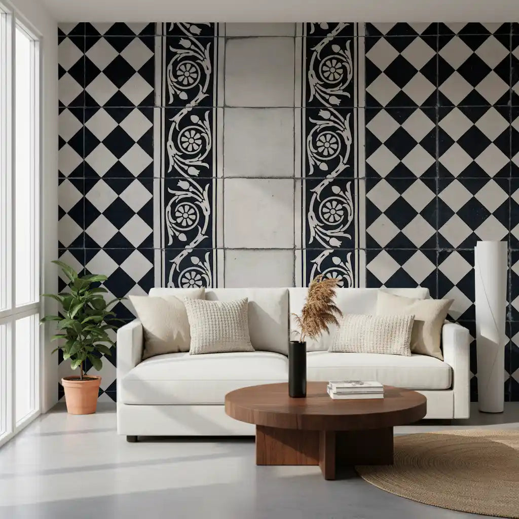 Vintage Black and White Floral Checkerboard Wall Mural