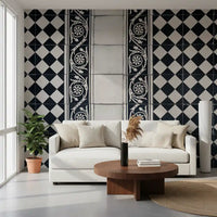 Vintage Black and White Floral Checkerboard Wall Mural