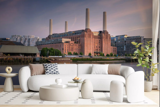 Industrial Riverside Sunset Scene Wall Mural
