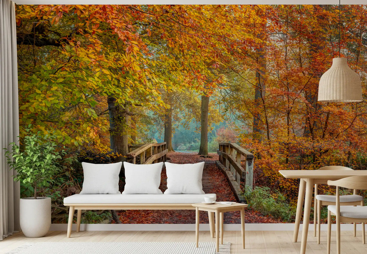 Misty Woodland Bridge Walkway Wall Mural