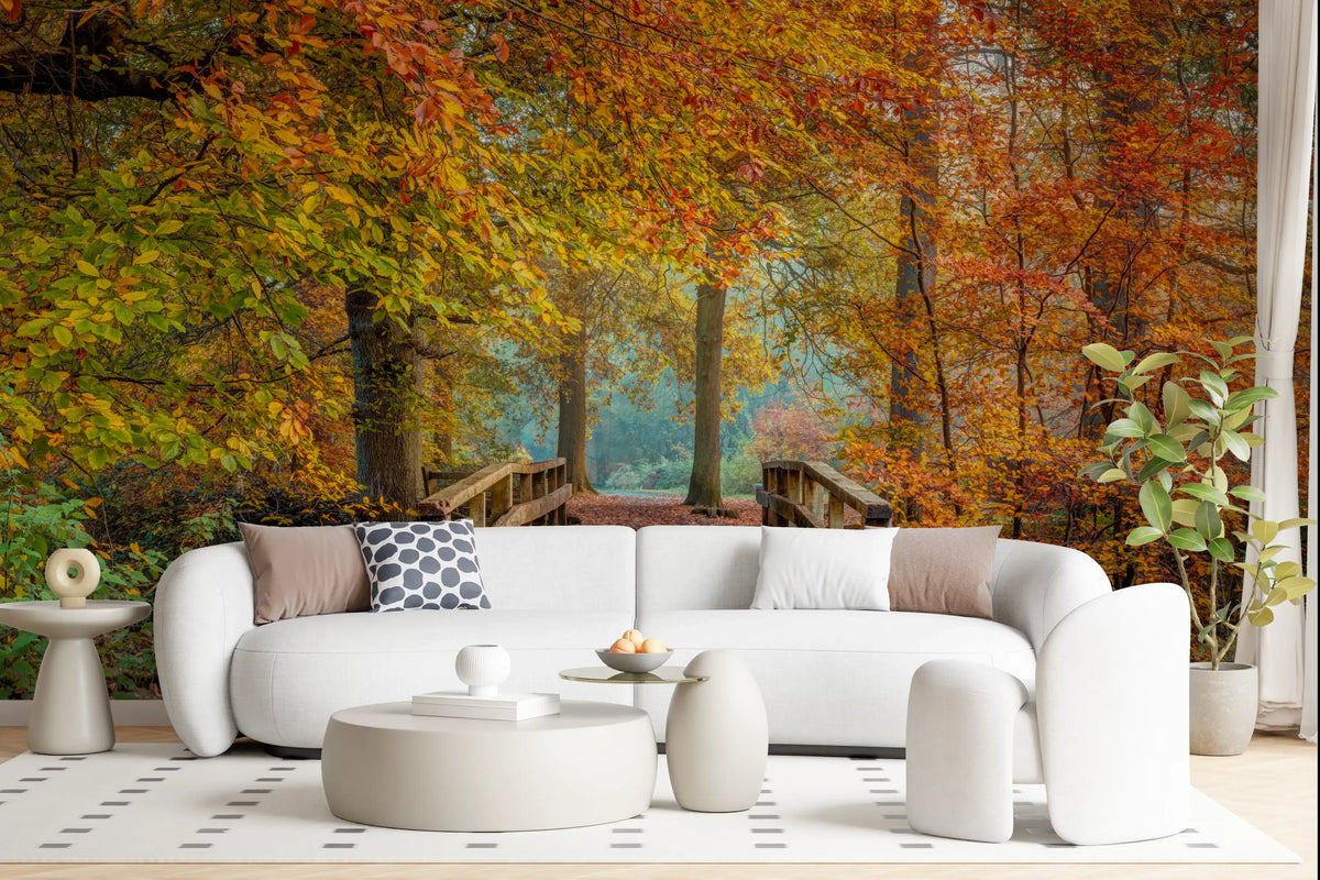 Misty Woodland Bridge Walkway Wall Mural