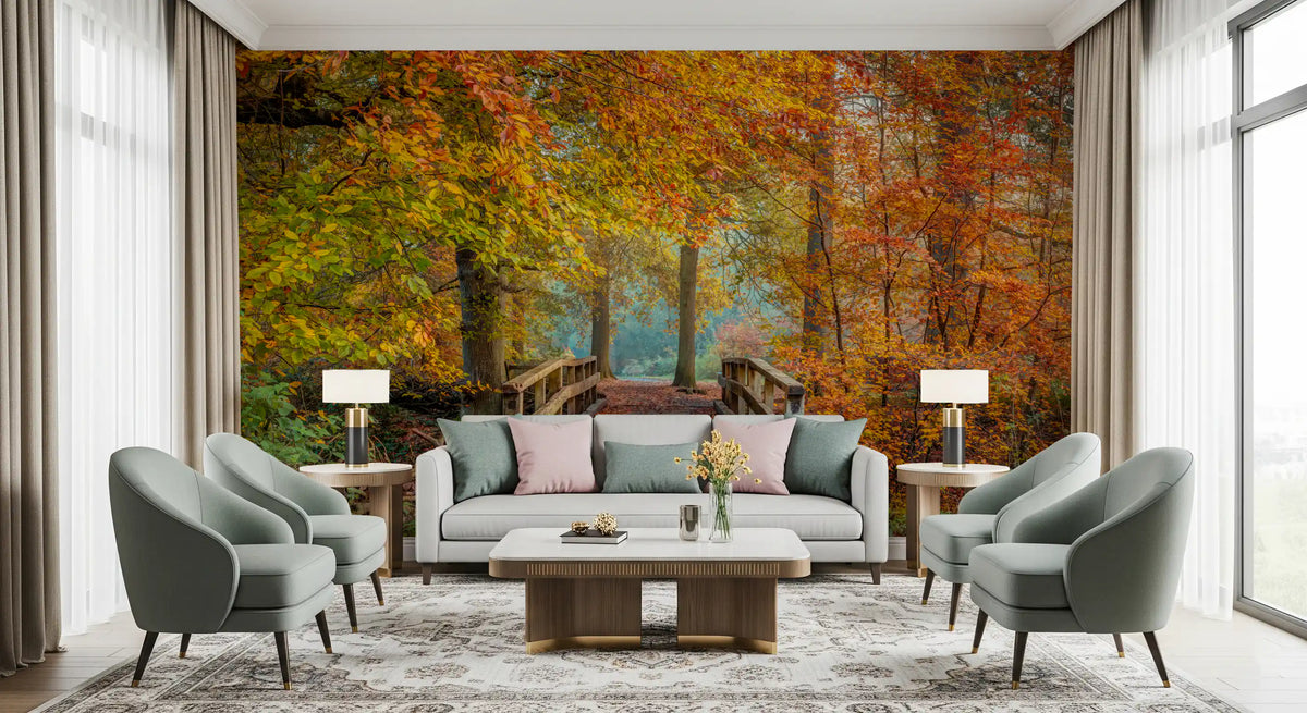 Misty Woodland Bridge Walkway Wall Mural