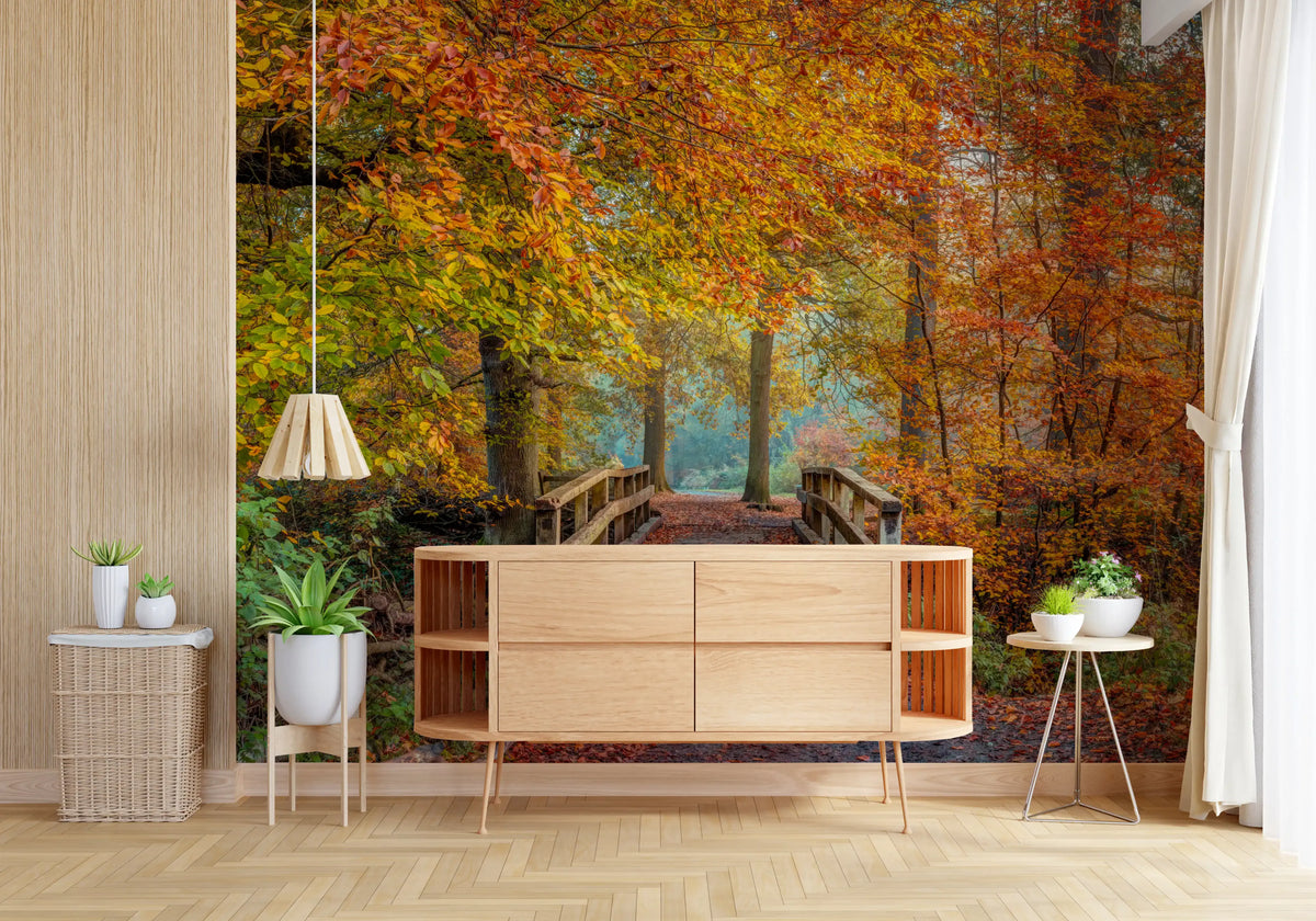 Misty Woodland Bridge Walkway Wall Mural