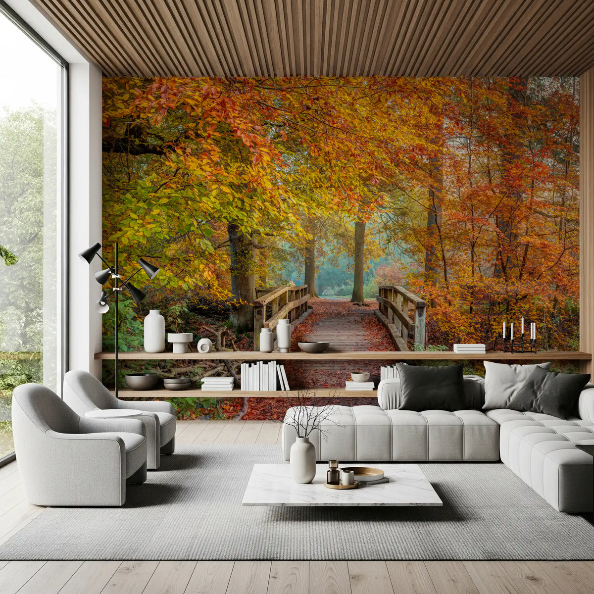 Misty Woodland Bridge Walkway Wall Mural