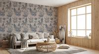 Mushroom - Autumnal Toile de jouy - Blue  Wallpaper⁠