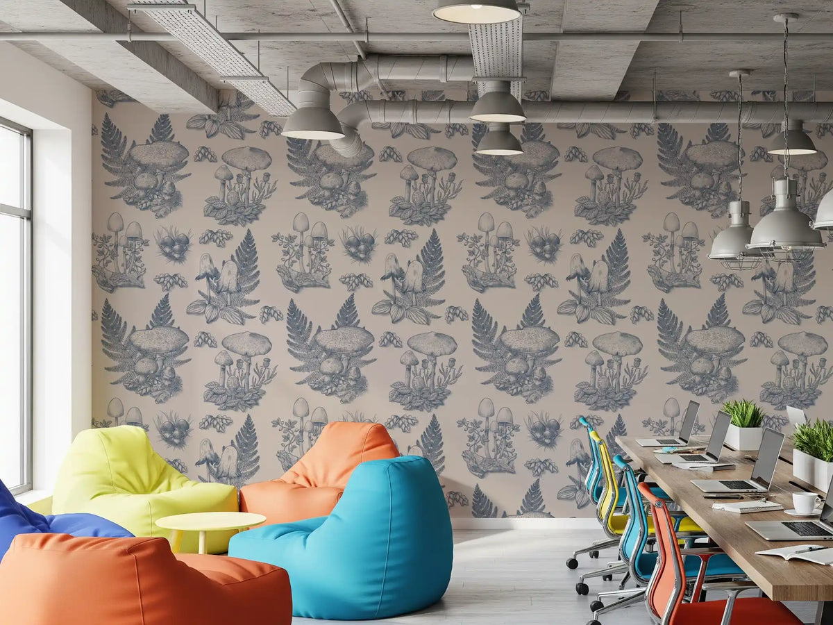 Mushroom - Autumnal Toile de jouy - Blue  Wallpaper⁠