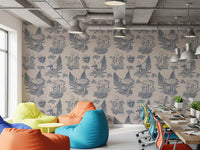 Mushroom - Autumnal Toile de jouy - Blue  Wallpaper⁠