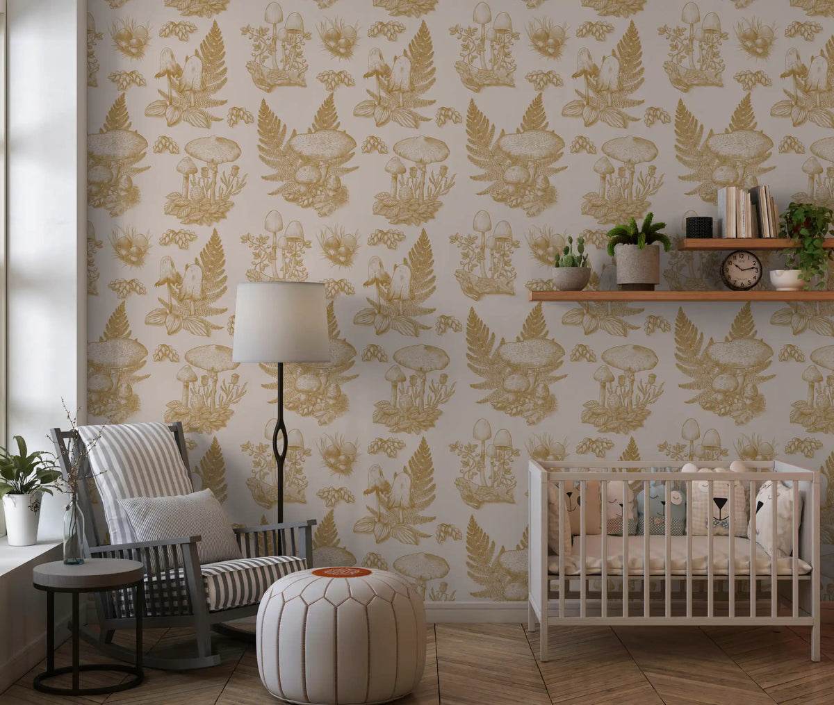 Mushroom - Autumnal Toile de jouy -  Gold Wallpaper⁠