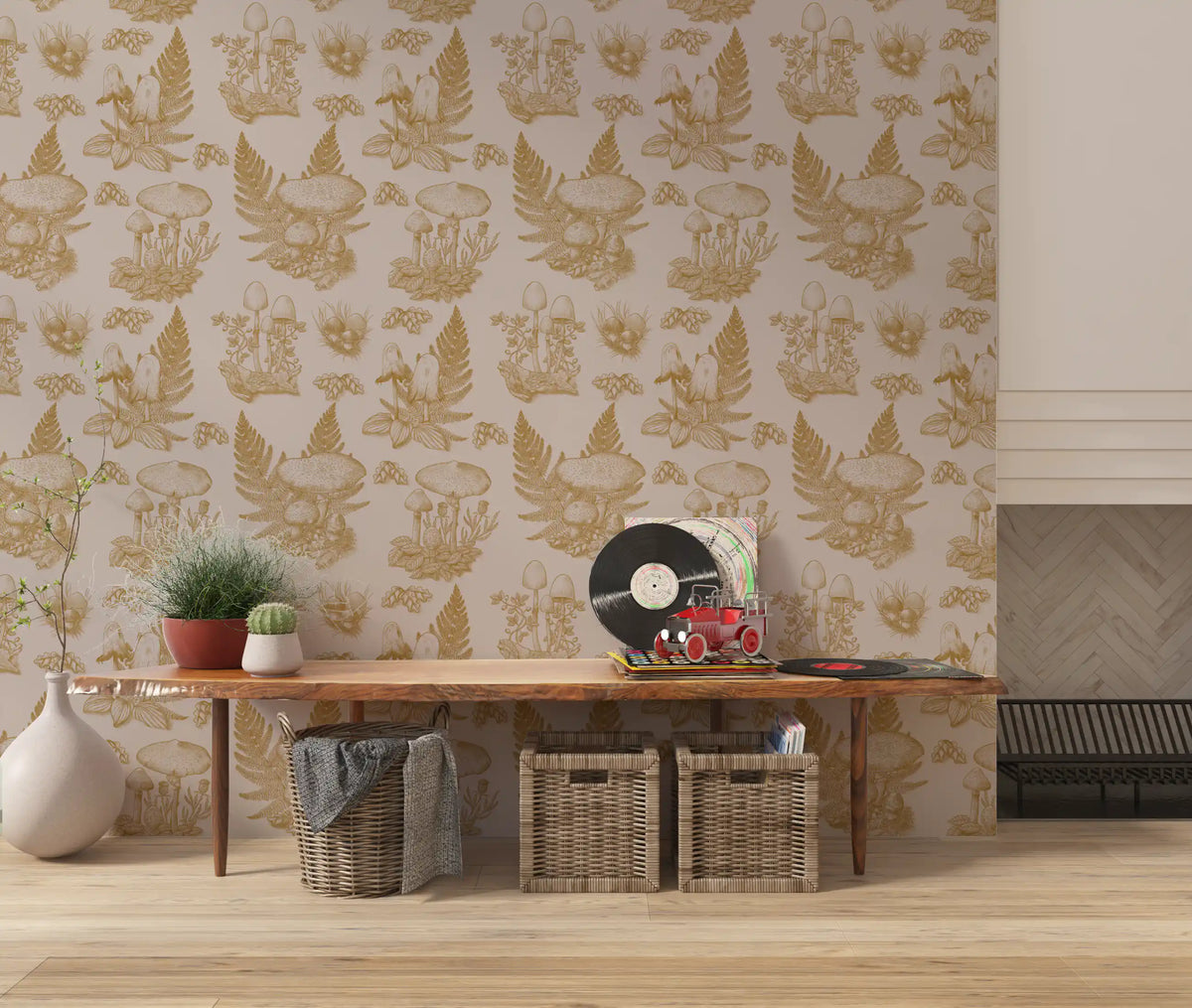 Mushroom - Autumnal Toile de jouy -  Gold Wallpaper⁠