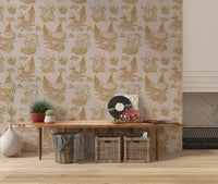 Mushroom - Autumnal Toile de jouy -  Gold Wallpaper⁠