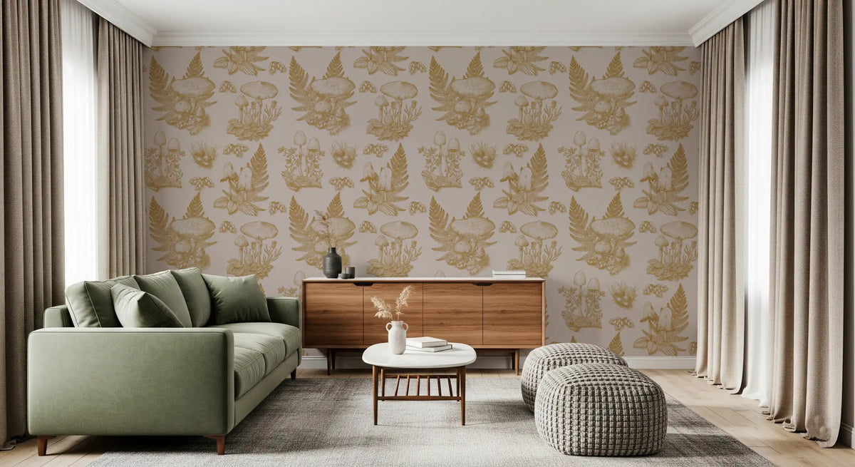 Mushroom - Autumnal Toile de jouy -  Gold Wallpaper⁠