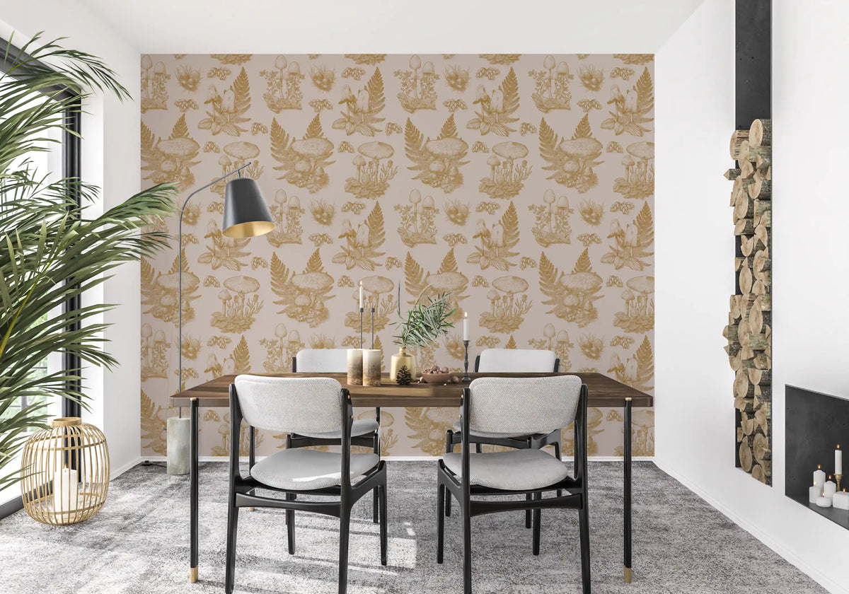 Mushroom - Autumnal Toile de jouy -  Gold Wallpaper⁠