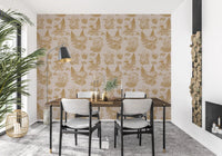 Mushroom - Autumnal Toile de jouy -  Gold Wallpaper⁠