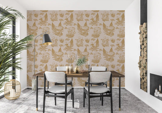 Mushroom - Autumnal Toile de jouy -  Gold Wallpaper⁠
