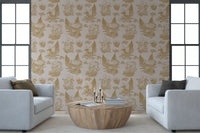 Mushroom - Autumnal Toile de jouy -  Gold Wallpaper⁠