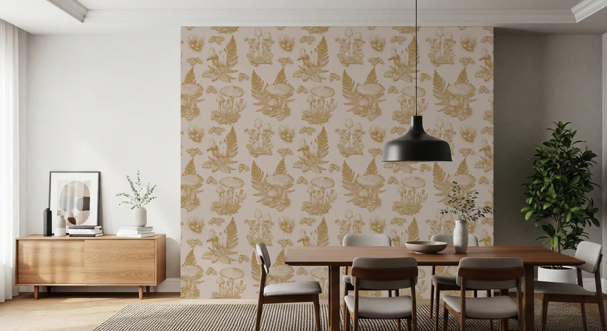 Mushroom - Autumnal Toile de jouy -  Gold Wallpaper⁠