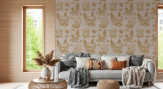 Mushroom - Autumnal Toile de jouy -  Gold Wallpaper⁠