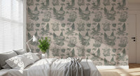 Mushroom - Autumnal Toile de jouy - Green Wallpaper⁠