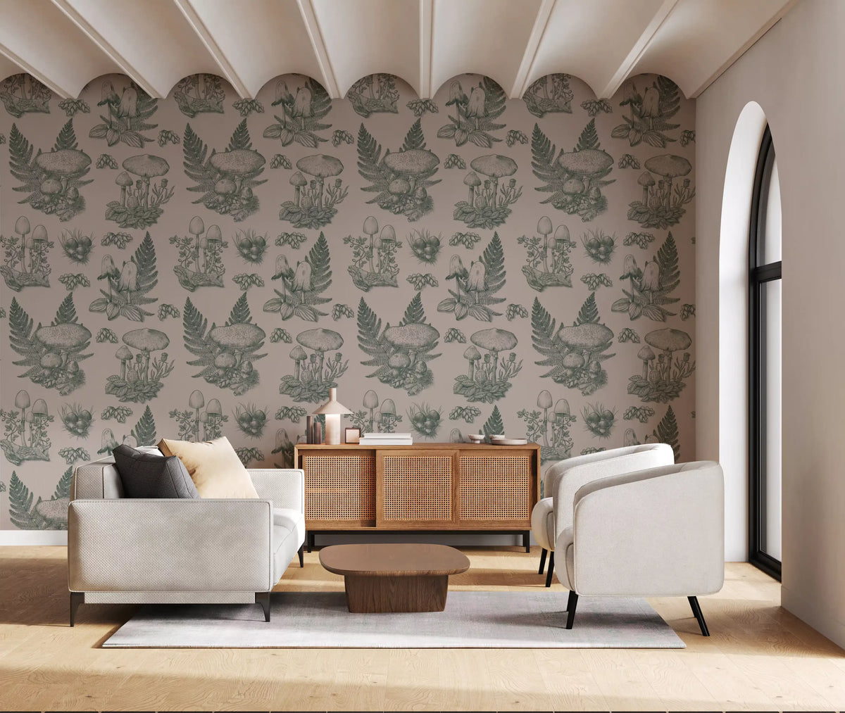 Mushroom - Autumnal Toile de jouy - Green Wallpaper⁠