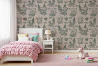 Mushroom - Autumnal Toile de jouy - Green Wallpaper⁠