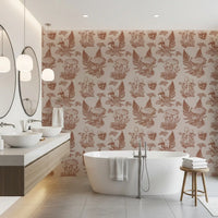 Mushroom - Autumnal Toile de jouy - Rusty Red Wallpaper⁠