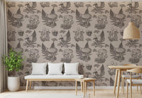 Mushroom - Autumnal Toile de jouy - Sepia Wallpaper⁠