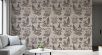 Mushroom - Autumnal Toile de jouy - Sepia Wallpaper⁠