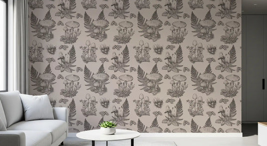 Mushroom - Autumnal Toile de jouy - Sepia Wallpaper⁠