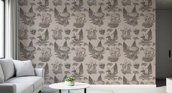 Mushroom - Autumnal Toile de jouy - Sepia Wallpaper⁠