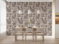 Mushroom - Autumnal Toile de jouy - Sepia Wallpaper⁠