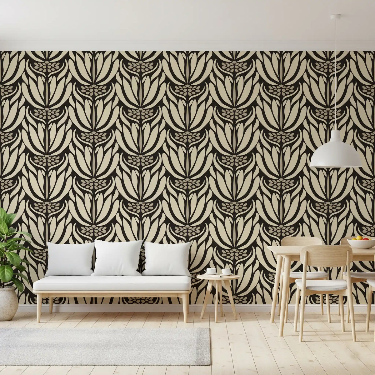 Cream and Charcoal Botanical Symmetry Wallpaper⁠