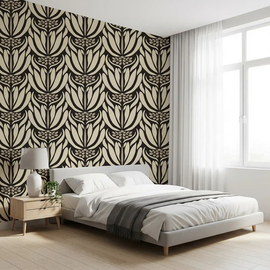 Cream and Charcoal Botanical Symmetry Wallpaper⁠