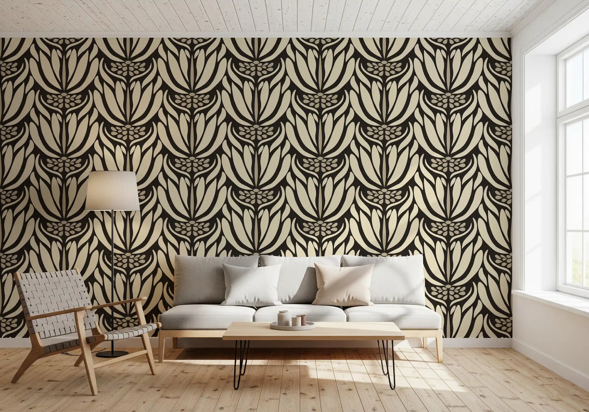 Cream and Charcoal Botanical Symmetry Wallpaper⁠