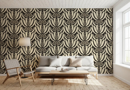 Cream and Charcoal Botanical Symmetry Wallpaper⁠