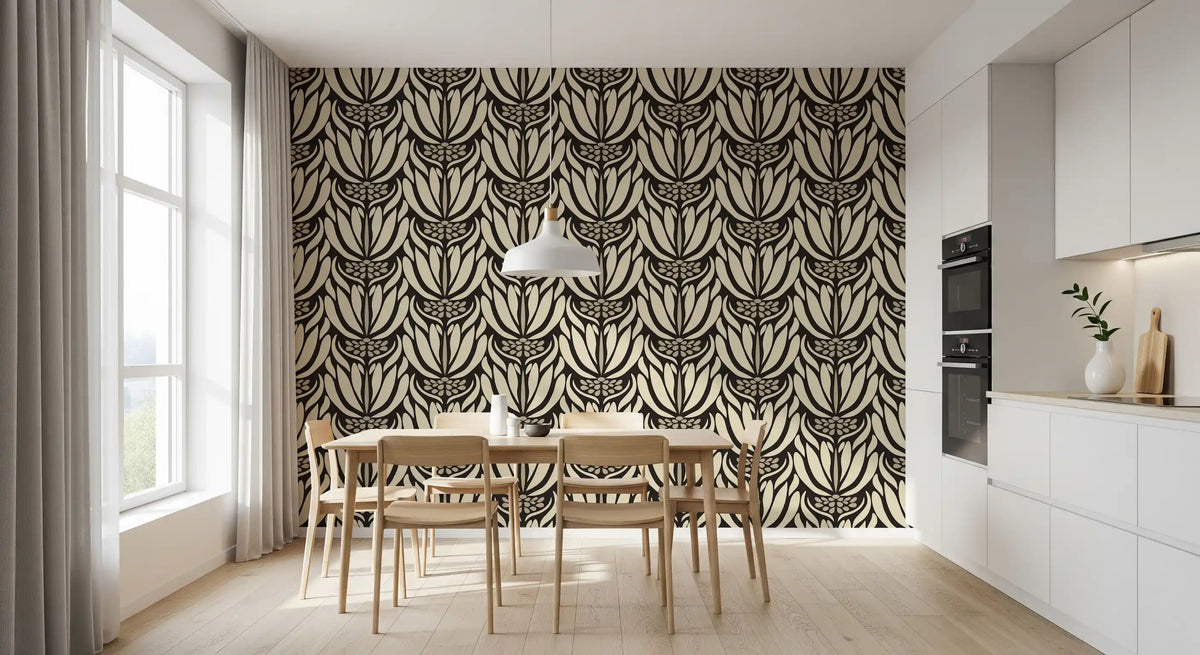 Cream and Charcoal Botanical Symmetry Wallpaper⁠