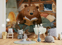 Woodland Friends Bear Fireside Story With Mice In A Winter Cabin Scene Wall Mural