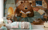 Woodland Friends Bear Fireside Story With Mice In A Winter Cabin Scene Wall Mural