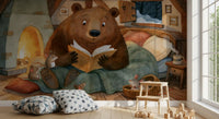 Woodland Friends Bear Fireside Story With Mice In A Winter Cabin Scene Wall Mural