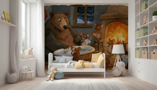 Woodland Friends Bear Bath Time With Mice In A Cozy Winter Cabin Scene Wall Mural